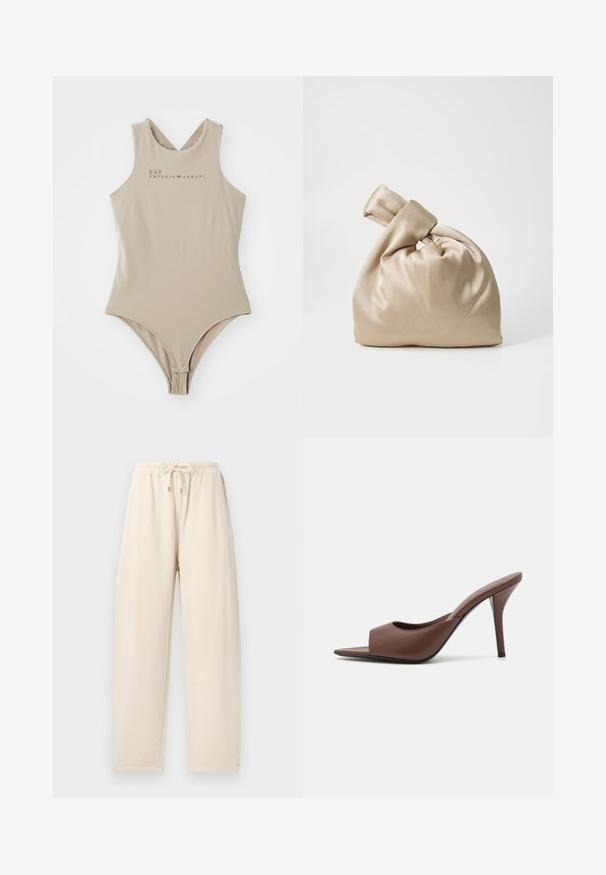 Beige Einteiler-Badeanzug mit hohem Kragen, überkreuztem Rücken und braunem EA7 Emporio Armani-Logo auf der Brust. Glatte Textur.; Cremfarbene Jogginghose aus weichem Stoff, mit einem Kordelzugbund, lockerem Schnitt und Seitentaschen.; Braune Leder-Open-Toe-Hochhackige Mules mit einem eleganten Design, das einen breiten Vorderriemen und einen schlanken Stiletto-Absatz aufweist.; Beige Satinbeutel mit geknotetem Deckel, der eine weiche, glatte Textur und eine runde Form aufweist, entworfen, um einfach und elegant zu sein.