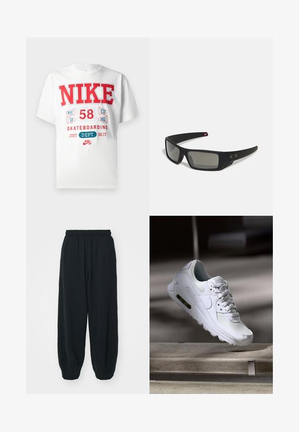 Bílý bavlněný tričko s výrazným červeným a modrým grafickým textem: "NIKE 58 ZALOŽENO 2002 SKATEBOARDING JUST DEPT. DĚLEJ TO" a detaily loga.; Černé teplákové kalhoty s elastickým pasem, volným střihem, manžetami na kotnících, hladkým povrchem a bez viditelných vzorů či kovových detailů.; Bílé tenisky Nike Air Max 90 s vrchním materiálem z textilu a kůže, perforovanou špičkou a viditelnou vzduchovou jednotkou v patě.; Černé sluneční brýle s matným povrchem, obdélníkové čočky, mírná křivka na spáncích, nenápadný detail loga a čočky s kouřovým zabarvením.