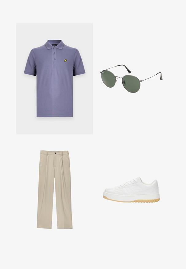 Lila galléros póló háromgombos elülső résszel, rövid ujjal és egy kis sárga madár logóval a bal mellrészen. Pamutkeverék anyagból.; Beige egyenes szárú nadrág, egy fekete gombbal, övhurkokkal és oldalzsebekkel. Sima szövettextúra és minimális design.; Fehér bőr sneaker, texturált felülettel, gumitalppal, fűzős kialakítással és diszkrét csíkozással az oldalakon.; Fémkeretes napszemüveg ovális zöld lencsékkel. Vékony ezüst színű fémkeret és fekete fülrész. Minimalista dizájn, látható logók nélkül.