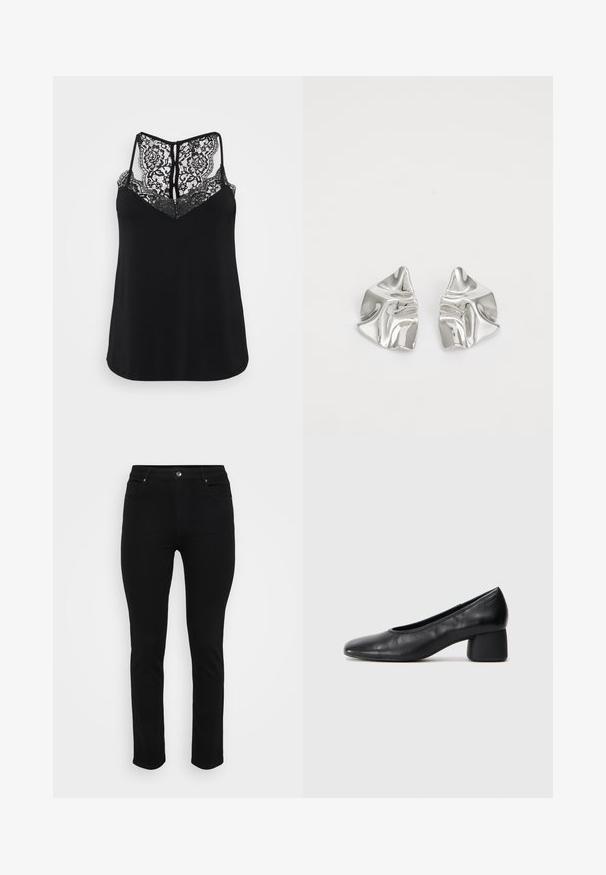 Melns bez piedurknēm topiņš ar mežģīņu aizmuguri, kas rotāta ar ziedu rakstiem, un V veida kakla izgriezumu. Gluda tekstūra un brīva piegrieztne.; Melnas džinsus ar šauru piegriezumu, piecu kabatu dizainu, priekšējo pogu aizdari un vieglu stiepšanos komfortam. Gluda, izlīdzināta tekstūra ar minimālu dekoru.; Melna ādas kurpe ar noapaļotu purngalu un vidēja izmēra blokkāju. Gluda tekstūra ar minimāliem dekoriem, ar delikātu elastīgu atveri.; Sudraba metāla auskari ar viļņainu, skulpturālu dizainu, kas izceļas ar pulētu apdari un neregulārām formām, uzsverot mūsdienīgu estētiku.