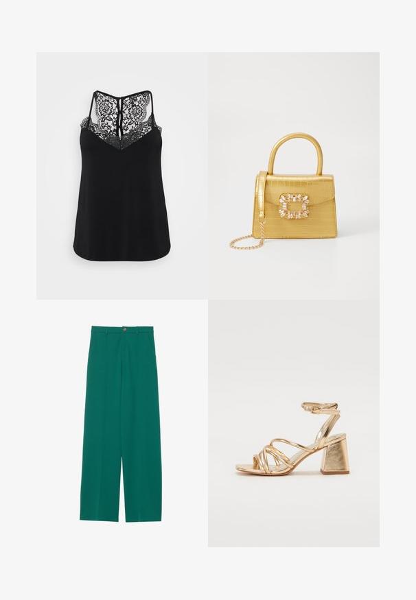 Melns bez piedurknēm topiņš ar mežģīņu aizmuguri, kas rotāta ar ziedu rakstiem, un V veida kakla izgriezumu. Gluda tekstūra un brīva piegrieztne.; Zaļas platās bikses no gludas auduma, ar divām priekšējām kabatām, pogu aizdari un tīru, pielāgotu dizainu.; Zelta metāla papēžu sandales ar siksnu dizainu, kvadrātveida bloku papēdi un regulējamu potītes siksnu ar sprādzi. Gluda tekstūra.; Dzeltena mākslīgā krokodila roku soma ar strukturētu dizainu, augšējo rokturi, noņemamu ķēdes siksniņu un dekoratīvām kristāla rotājumiem aizdares daļā.; Zeltīti metāla auskari ar gludu, izliekta dizaina. Ar atšķirīgu smailu formu, pulētu virsmu un eņģu aizdari.