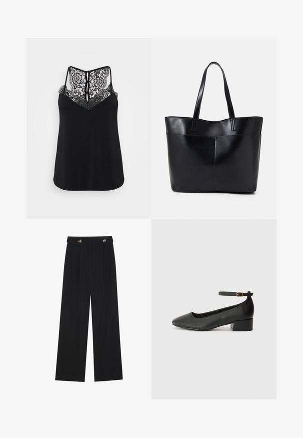 Top preto sem mangas com costas rendadas com padrões florais e um design em V. Textura suave com um corte descontraído.; Calças largas pretas com cintura alta, detalhes em botão na cintura e pregas frontais.; Sandal de pele preta com bico pontiagudo e um salto bloco baixo. Apresenta uma tira no tornozelo com uma fivela em tom dourado. Textura suave.; Bolsa tote preta em couro com duas alças longas, textura suave e forma estruturada. Apresenta um bolso frontal para armazenamento adicional.