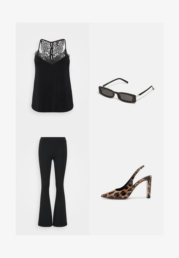 Black sleeveless top featuring a lace back with floral patterns and a V-neck design. Smooth texture with a relaxed fit.; Black flared pants made of stretchy fabric, featuring a high waistband and a smooth texture. The pants flare out from the knee.; Leopard print slingback pump with a pointed toe and transparent block heel. Made of glossy material with a smooth texture.; Black rectangular sunglasses with dark lenses, glossy plastic frames, and gold accents on the temples. Minimalist design and sleek shape.; Black fabric handbag featuring a tied bow accent, rounded shape, textured surface with small patterns, and a single, thin handle.