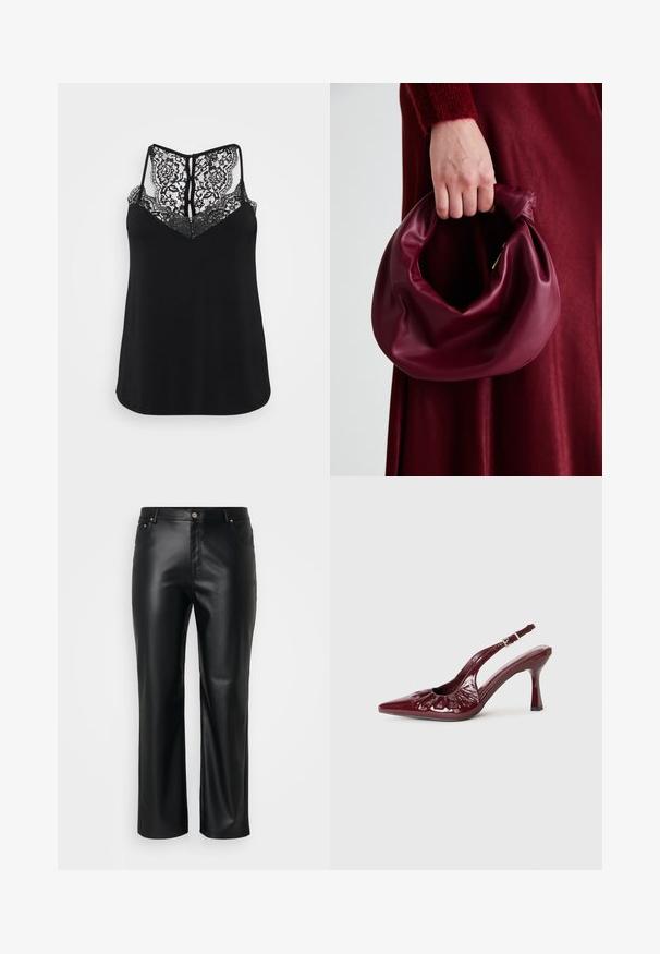 Crni top bez rukava s čipkastim leđima ukrašenim cvjetnim uzorcima i dizajnom u obliku slova V. Glatka tekstura s opuštenim krojem.; Crne hlače od umjetne kože ravnog kroja, s petljama za pojas, prednjim džepovima i zatvaranjem na zip s gumbom. Glatka tekstura.; Burgundske patent kožne sandale s remenčićem, s uskim vrhom i naboranim detaljima, koje imaju tanki potplat i podesivi remen za oko gležnja.; Bordo kožni ruksač s mekim, naboranim dizajnom i zaobljenim oblikom. Ručka je sigurno pričvršćena, pokazujući glatku teksturu.