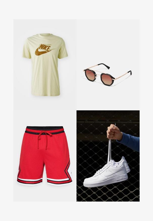 Ljusgul bomull t-shirt med en sliten brun Nike-logotyp över framsidan. Standard rund hals och korta ärmar.; Röda nätbasketshorts med svart elastiskt midjeband, försedd med en knytsnodd, vita detaljer och svarta-röda ränder längs fållen.; Vita lädersneakers med perforeringar, rund tå, platt sula och tjocka snörning, med en synlig swoosh-logga och "AIR" på hälen.; Hawkers PIERRE GASLY - Solglasögon - gold