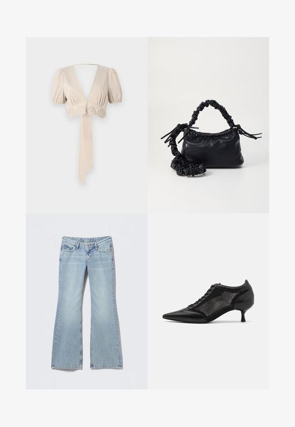 Top corto bege com mangas bufantes, decote em V profundo e aplicações decorativas de ilhós na bainha. Apresenta um laço de tecido. Textura suave.; Calças jeans azul-claro estilo flare com acabamento desbotado, design de cinco bolsos e costura contrastante. Denim de algodão com textura suave.; Shoe preto de bico fino com um design de painel em malha, apresentando um salto baixo e amarração na parte da frente. Feito de uma combinação de couro e material de malha.; Bolsa de mão em couro sintético preto com textura de crocodilo, topo franzido e alça enrugada. Apresenta um design suave e compacto.