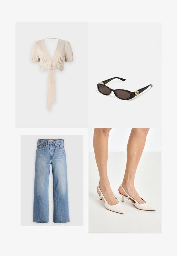 Bež katkootp ja puff-varrukatega, sügava V-kujuga kaelus ja dekoratiivne aukudega äär. Varustatud sidumisega kangast vöödiga. Sile tekstuur.; Heledad sinine teksariidest laiad püksid, kõrge vöökoht, pleekinud alad, viis taskut ja kontrastne õmblus. Klassikaline nööp ja tõmblukk.; Beesek patentnaha slingback kontsad 5 cm kontsaga, millel on terav nina ja lõigatud külgedega ning õhuke pahkluu rihm.; Kilpkonnakilbi stiilis prillid piklik-ovaalsete läätsede, pruunika tooniga, kuldsete logo aktsentidega templitel ja elegantsed mustad varred.