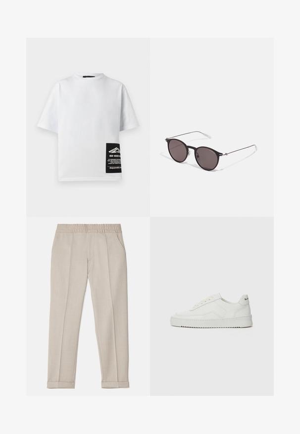 Hvid bomulds T-shirt med rund hals, korte ærmer og et sort mærke med logo og tekst i nederste højre hjørne.; Filippa K TERRY CROPPED TROUSERS - Bukser - sage melange; Hvide lædersneakers med en glat overflade, rund tå, flade snørebånd og en tekstureret sål. Har et diskret logo på hælen.; Sorte runde solbriller med mørke linser og slanke metalarme. Inkluderer klare tempeltips og sølvdetaljer ved hængslet. Minimalistisk design.