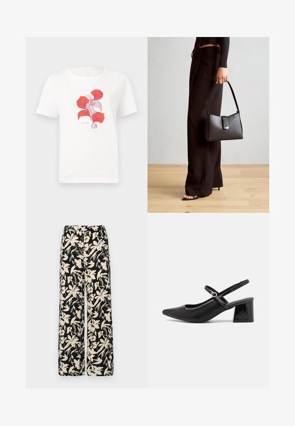 Bela bombažna majica s potiskom rdečih listov z drobnimi črtami. Vključuje napis "TOM TAILOR" pod grafiko.; Črne široke hlače z kremnim cvetličnim vzorcem. Narejene so iz lahkega blaga, ki ima gladko teksturo in visok pas.; Črne patentne usnjene salonarce s slingback obliko, s koničastim nosom, zaobljenim izrezom in blok peto. Imajo zlato kovinsko zaponko kot dodatno okrasje.; Črna torbica z strukturirano obliko, gladko teksturo in kovinskim zaponko. Ujemajo se z širokimi črnimi hlačami in odprtimi sandali na lesenem tleh.