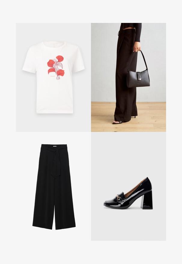 T-shirt in cotone bianco con una stampa di foglie rosse contornate da linee sottili. Include il testo "TOM TAILOR" sotto il grafico.; Pantaloni neri a gamba larga caratterizzati da un tessuto testurizzato, una vita elastica e una cintura staccabile per una vestibilità regolabile.; Scarpa con tacco alto in pelle verniciata nera con punta affusolata e tacco quadrato. Presenta un cinturino decorativo con dettaglio di fibbia sul collo del piede.; Borsa nera con forma strutturata, texture liscia e una chiusura metallica. Abbinata a pantaloni neri larghi e sandali open-toe su un pavimento in legno.