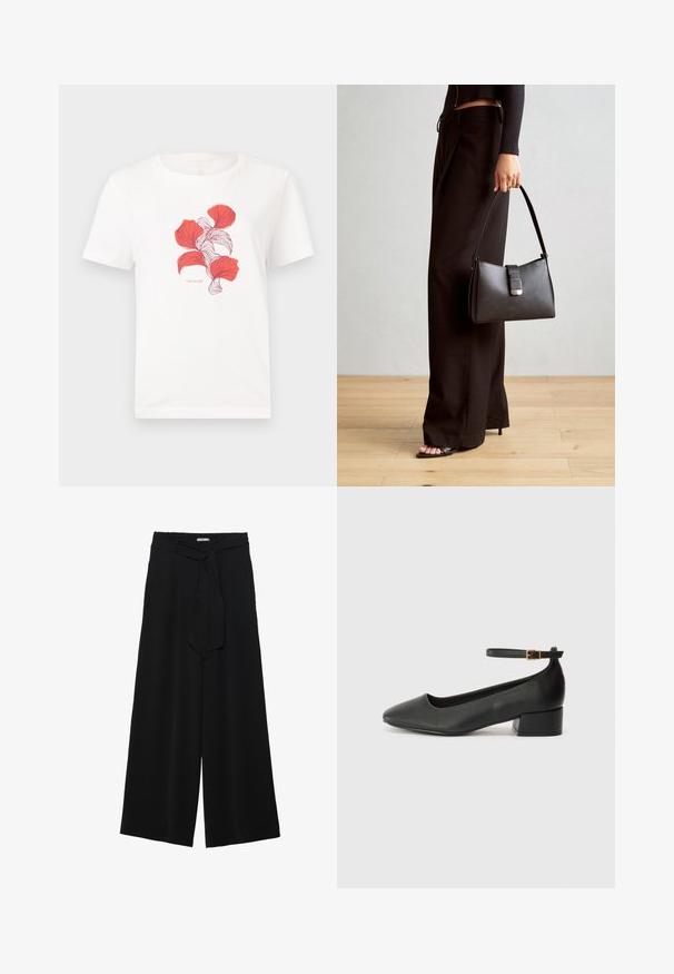 Witte katoenen t-shirt met een geprinte afbeelding van rode bladeren met fijne lijnen. Inclusief de tekst "TOM TAILOR" onder de afbeelding.; Zwarte wijde broek van textuurstof, met een elastische tailleband en een afneembare sjaalstrik in de taille voor een verstelbare pasvorm.; Zwarte leren pump met een spitse neus en een lage blokhak. Beschikt over een enkelband met een goudkleurige gespsluiting. Gladde textuur.; Zwarte handtas met gestructureerde vorm, gladde textuur en een metalen sluiting. Gecombineerd met brede zwarte broeken en sandalen met open teen op een houten vloer.