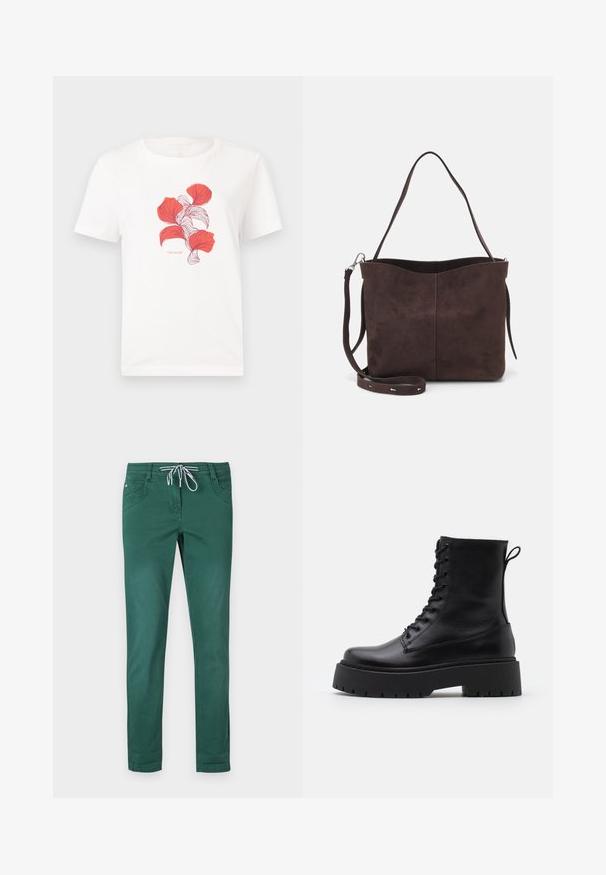 Bela bombažna majica s potiskom rdečih listov z drobnimi črtami. Vključuje napis "TOM TAILOR" pod grafiko.; Zelene hlače iz bombažne mešanice s ravnim krojem, pasom na vrvico in dvema sprednjima žepoma. Gladka tekstura in brez vzorcev.; Črne usnjene gležnjarje z okroglo konico, vezalnim sprednjim delom in debelim gumijastim podplatom z teksturiranim profilom. Zanka na hrbtni strani.; Rjava gamoška torba z mehkobo teksturo, ki ima en samo ramenski trak in subtilno ukrivljen zgornji del. Brez vidnih kovinskih detajlov.