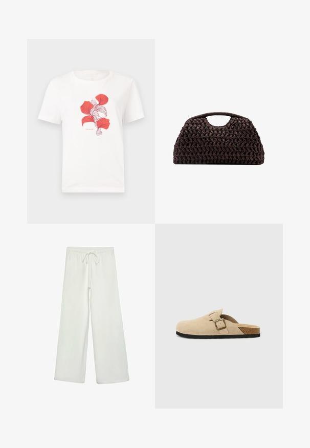 Weißes Baumwoll-T-Shirt mit einem Druckdesign von roten Blättern mit feinen Linien. Enthält den Text "TOM TAILOR" unter dem Grafik.; Weiße, weit geschnittene Hose aus weichem Stoff. Mit einem elastischen Bund und einem Kordelzug sowie einer glatten Oberfläche. Keine sichtbaren Muster oder Hardware.; Beige Wildleder-Slipper mit einem Korkfußbett, runder Zehenpartie und einem einfachen Riemen mit einer goldfarbigen Schnalle. Gummi-Sohle für besseren Halt.; Geflochtener brauner Handtasche mit runder Silhouette, ausgestattet mit einem oberen Griff und strukturierten Oberfläche. Kompaktes Design mit flachem Boden für Stabilität.