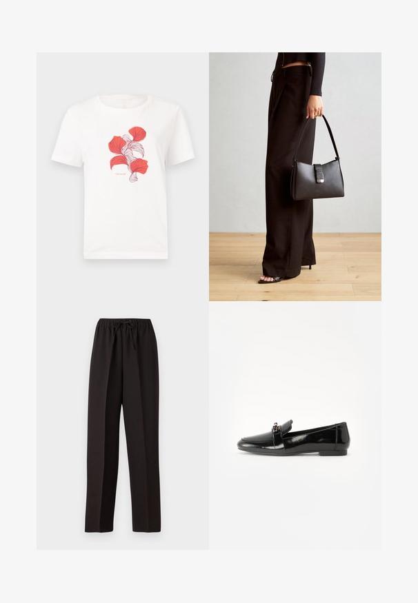 Weißes Baumwoll-T-Shirt mit einem Druckdesign von roten Blättern mit feinen Linien. Enthält den Text "TOM TAILOR" unter dem Grafik.; Schwarze, weite Hose mit elastischem Bund und verstellbarem Kordelzug. Hergestellt aus einem glatten, leichten Stoff ohne sichtbare Muster.; Schwarze Lackleder-Lederschuhe mit flacher Sohle, runder Spitze und einem dekorativen Riemen mit einem goldfarbenen Akzent. Glattes, glänzendes Finish.; Schwarze Handtasche mit strukturierter Form, glatter Textur und einem metallischen Verschluss. Kombiniert mit weiten schwarzen Hosen und offenen Sandalen auf einem Holzboden.
