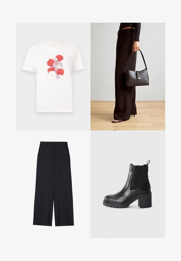 Fehér pamut póló, amelyen piros levelek finom vonalakkal nyomtatott mintája található. A grafikát alatta a "TOM TAILOR" felirat kíséri.; Sötét tengerészkék, széles lábú nadrág, sima textúrával, elől redőkkel és díszes, aranyszínű szélekkel a zsebeknél.; Fekete bőr bokacsizma vastag sarokkal, elasztikus oldalsó panelekkel és hátsó húzófüllel. Texturált talp a jobb tapadás érdekében.; Fekete kézi táska strukturált formával, sima textúrával és fémből készült záródással. Széles fekete nadrággal és nyitott orrú szandállal párosítva, fából készült padlón.