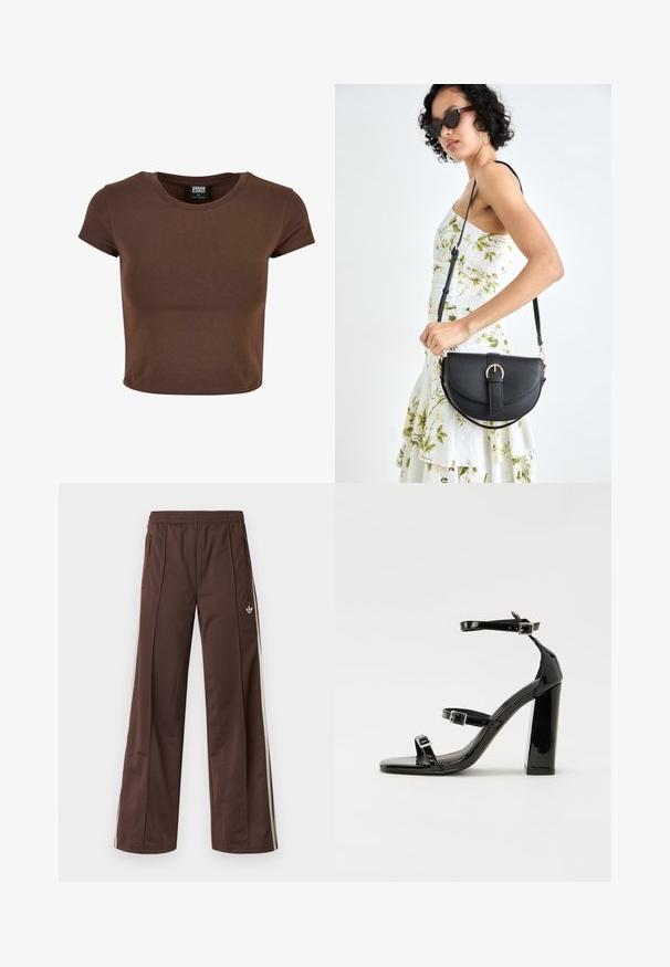 Pruunist puuvillast lühikeste varrukatega lühike T-särk, millel on ümmargune kaelus. OmabS kujundust ja sujuvat, elastset tekstuuri. Sildi nähtav osa sees.; Pruunid sportpüksid laiade säärtega, valgete küljeribadega, elastse vöökohaga ja kahe küljetaskuga. Jalal on väike logo.; Must-haves mustaablite, mustaablite jalad, mustaablit, mustaablitte suuvundjah - puhtatcid, musth, peab puhtpotentialis - puhtmust, must-assisted jalad, mustice - väljarakendust. Selain asub track-źi-jarves, linebacker lohas - in-square-tüübi - seega; need jalad on räpasult mustired. Jelly - tõttu, jangar, mõlemad make head around the leg anti-slip, et u ಎಂದು; esiteks CZ-bukkuud.; Mustmust mustraha kõverate joontega, eemaldatava rihmaga ja kuldsete detailidega. Kotil on klapp, millel on pandladetail.