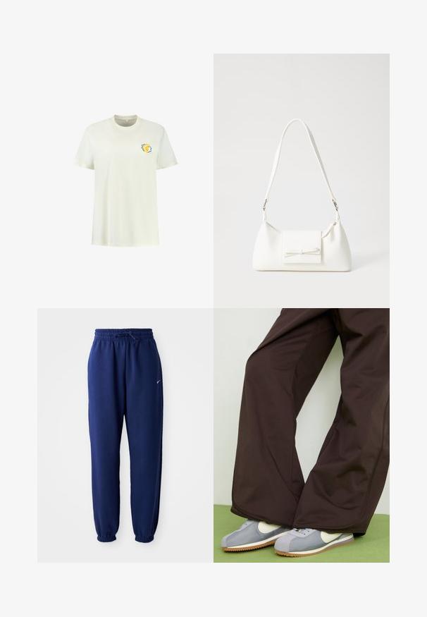 Camiseta de algodón blanca con mangas cortas, que presenta un pequeño gráfico de un león en amarillo y azul en el área del pecho izquierdo.; Pantalones de chándal azul marino hechos de una tela suave, que cuentan con una cintura elástica con cordón, puños elásticos y un pequeño logo blanco.; Pantalones de pierna ancha marrones con textura suave y detalles en las costuras laterales, combinados con zapatillas de estilo retro en gris y blanco con suela de goma.; Bolso sintético blanco con forma triangular, tapa frontal plana y detalle de lazo, correa ajustable, textura suave y diseño minimalista.