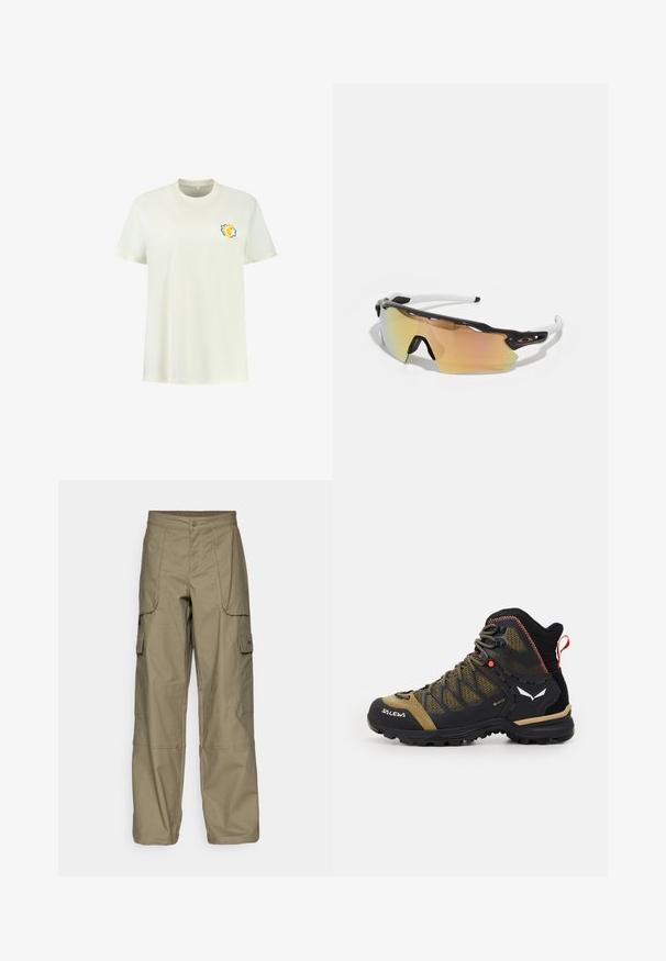 Balta medvilninė marškinėliai su trumpomis rankovėmis, su mažu liūto grafiku geltonos ir mėlynos spalvos kairėje krūtinės pusėje.; Alyvuogių žalios spalvos cargo kelnės, pasižyminčios laisvu siluetu, keliais šoninėmis kišenėmis ir sagčių uždarymu juosmens srityje. Lygi tekstūra.; Vidutinio aukščio žygio batai juodos ir alyvuogių spalvos, su tinklo viršumi, guminėmis padais ir tekstūruotomis detalėmis bei galine traukimo juostele.; Akiniai nuo saulės su juodai balta rėmu, dideliais veidrodiniais objektyvais auksinėmis ir rožinėmis atspalviais, aerodinaminis dizainas ir išplėstas išorinis rėmelis.