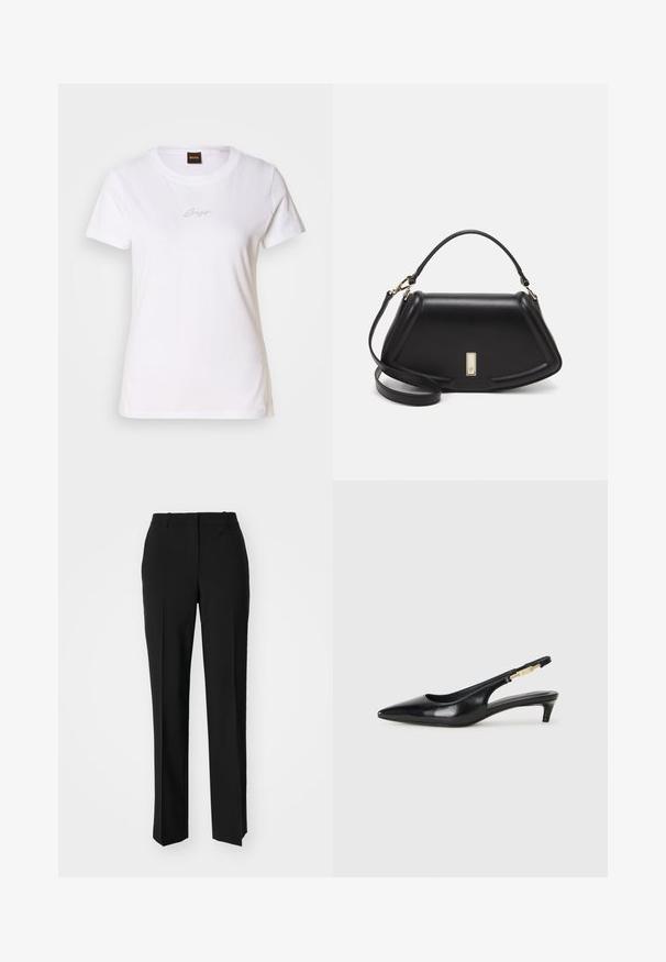 White cotton t-shirt with short sleeves, crew neckline, and a small, subtle black logo embroidered on the chest. Smooth texture.; Black tailored trousers with a straight-leg design, featuring a smooth texture and crisp creases along the front. No visible hardware.; Black leather slingback heels with a pointed toe, featuring a slim heel and a gold-tone accent on the adjustable strap. Smooth texture.; Black leather handbag with a structured design, featuring a cropped shape, top handle, and gold hardware accent. Adjustable shoulder strap included.