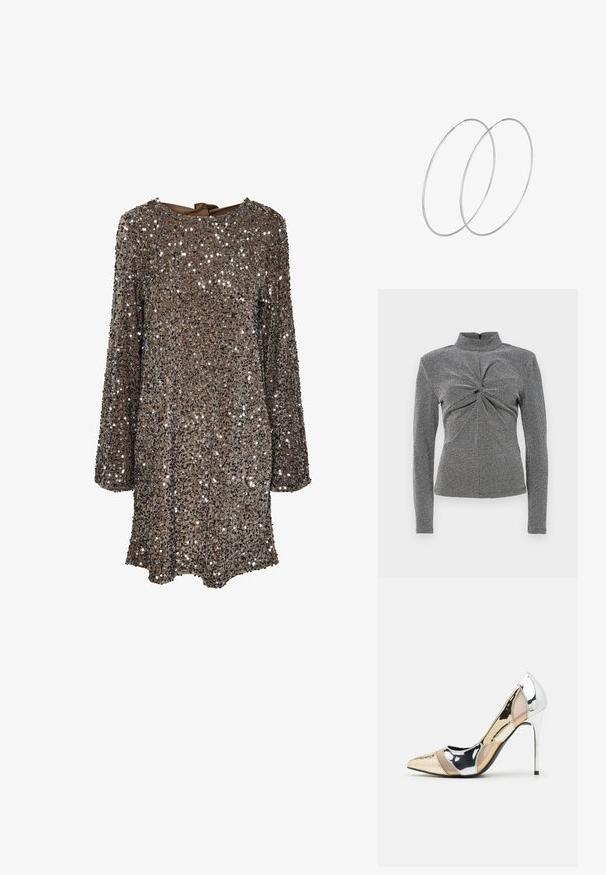 Svart och vit långärmad polotröja med texturerat mönster, som har en knutdetalj fram och en figursydd silhuett.; Långärmad klänning i brunt tyg täckt med silverpaljetter, med rund halsringning och en rosettdetalj bak. Reflekterande och strukturerad yta.; Spetsig tå högklackad sko med en färgpalett av silver, guld och nude. Glansig yta med utskärningsdesign, utrustad med en stilettklack.; Silverfärgad metallisk påse med en mjuk, rundad form och en knutstängning upptill. Tillverkad av ett mjukt material i konstläder.; Silverfärgade hoopörhängen med en minimalistisk design. Cirkulär form, slät yta och tunn profil. Lätta med en polerad finish.