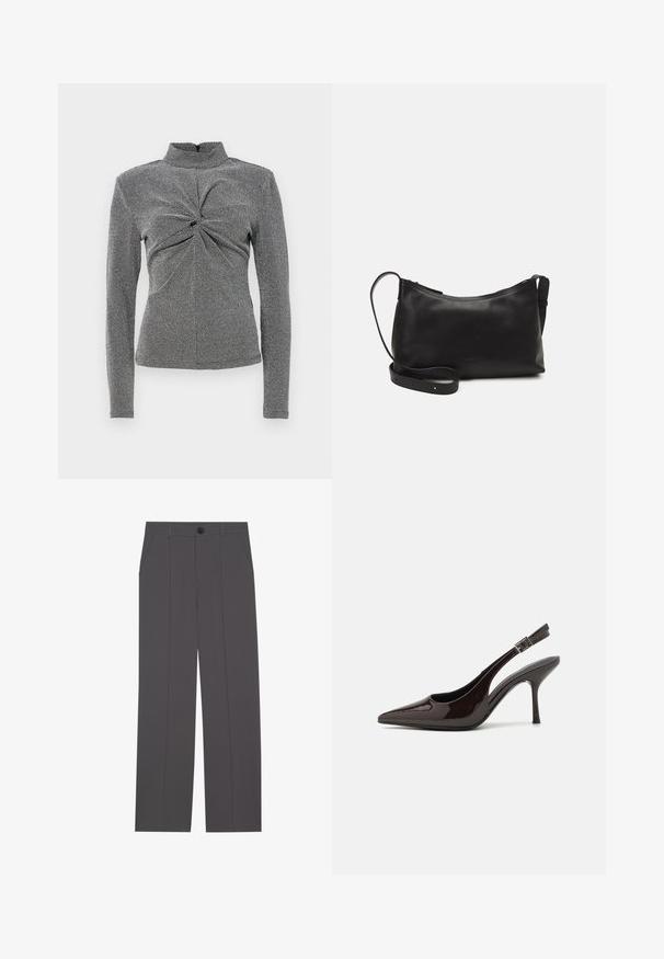 Juoda ir balta ilgaa rankovė turtleneck marškinėliai su tekstūruotu raštu, su mazgo detale priekyje ir prigludusia siluetu.; Pilkos kelnės su tiesaus kirpimo dizainu, turinčios dvi šonines kišenes ir mygtuko užsegimą. Lygus audinys be matomų raštų ar akcentų.; Blizganti tamsiai ruda lakinės odos aukšto kulno bateliai, smailus nosis, atviros šoninės dalys ir reguliuojamas kulkšnies dirželis.; Juodas odinis petinis krepšys su lygiu paviršiumi, išlenkta forma, reguliuojama dirželiu ir užtrauktuku. Minimalistinis dizainas be puošmenų.