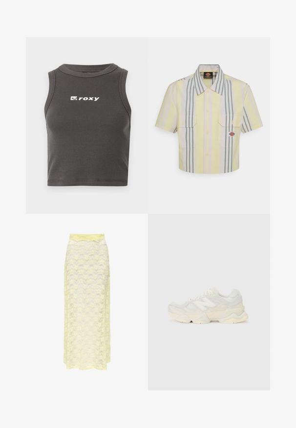Siva rebrasta skraćena majica bez rukava s okruglim izrezom. Ima bijeli "roxy" logo sprijeda.; Skraćena majica s kratkim rukavima u svijetloj žutoj boji s vertikalnim zelenim i pastelno obojenim prugama. Ima dva džepa na prsima i oznaku s logotipom na lijevom džepu.; Žuta čipkasta maksi suknja s valovitim uzorkom, koja ima glatku elastiku u struku i mekan, prozračan materijal. Dizajnirana za lepršav siluetu.; Lagana tenisica s gornjim dijelom od mrežice i antilopa u blagim krem tonovima, srobustnom potplatom i trodimenzionalnim detaljima.