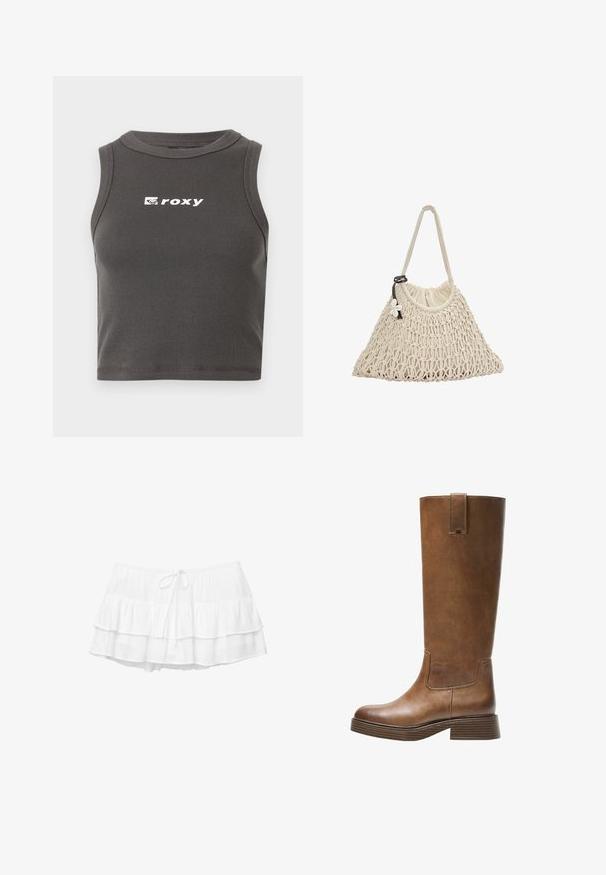 Grijze geribbelde cropped tanktop met een ronde halslijn en mouwloos ontwerp. Bevat een wit "roxy" logo aan de voorkant.; Witte gelaagde rok met drie gerimpelde lagen, elastische tailleband en trekkoorddetail. Gemaakt van lichtgewicht, gestructureerde stof.; Bruine leren laars tot de knie met een ronde neus, gestructureerd oppervlak en een lage, gestapelde hak. Beschikt over een zijpaneel en een aantrektap aan de bovenkant.; Netten handtas in crèmekleur, met een zachte stoffen voering en één handvat, versierd met een bloemenaccent en een trekkoordsluiting.