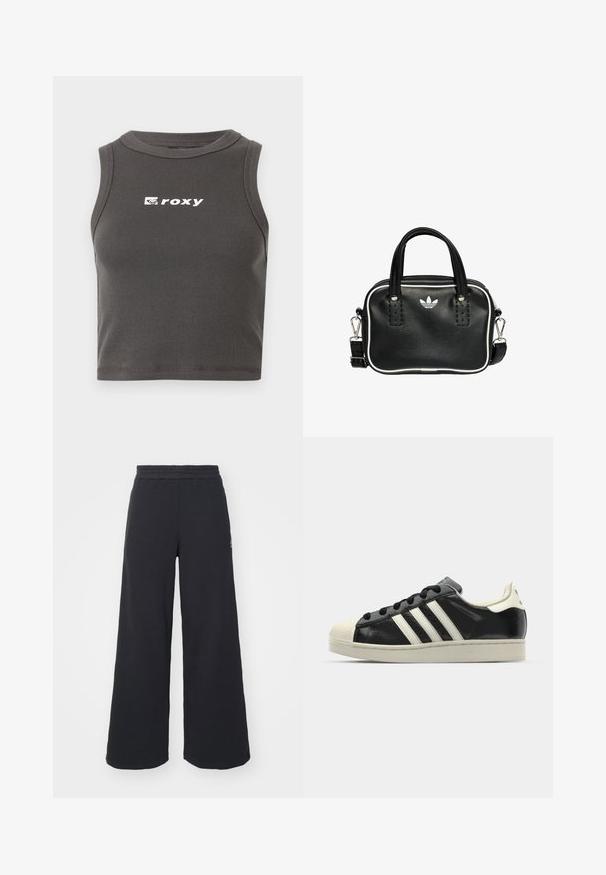Grijze geribbelde cropped tanktop met een ronde halslijn en mouwloos ontwerp. Bevat een wit "roxy" logo aan de voorkant.; Zwarte wijde sweatpants gemaakt van zachte stof, met een elastische tailleband en een klein logo aan de linkerkant.; Zwarte leren sneaker met witte strepen, rubberen teenbescherming, zwarte veters en een crèmekleurige loopzool. Glad oppervlak met een glanzende afwerking.; Zwarte leren handtas met twee korte handvatten, zilverkleurige hardware, witte accenten en een wit logo. Heeft een gestructureerd oppervlak en een compact ontwerp.