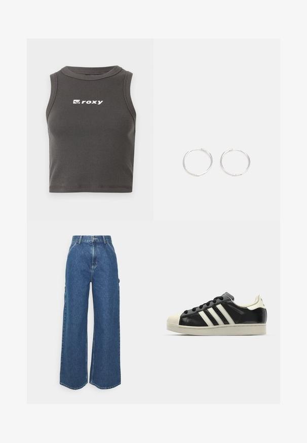 Szary prążkowany krótki top bez rękawów z okrągłym dekoltem. Z przodu znajduje się biały napis "roxy".; Szerokie niebieskie dżinsowe spodnie z wysokim stanem, kontrastowymi szwami i bocznymi kieszeniami, z klasycznym pięciokieszeniowym wzorem i surowymi brzegami.; Czarne skórzane trampki z białymi paskami, gumowym czubkiem, czarnymi sznurówkami i kremową podeszwą. Gładka faktura z połyskującym wykończeniem.; Srebrne kolczyki w kształcie obręczy o gładkim, okrągłym designie, charakteryzujące się gładką powierzchnią i brakiem widocznych ozdób. Średnica nieokreślona.