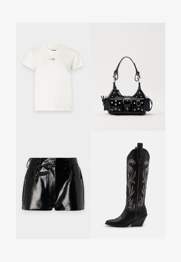 Balta kokvilnas T-kreklā ar īsām piedurknēm, noapaļotu kakla izgriezumu un taisnstūrveida melnu drukāšanas etiķeti priekšā, kas satur skaitļus un simbolus.; Melnas, spīdīgas šorti, izgatavoti no sintētiskā materiāla. Iezīmētais viduklis, jostas cilpas un priekšējās kabatas ar izteiktām šuvju detaļām.; Melnas ādas kovboju zābakus ar norādītām pirkstiem, sānām paceltu papēdi un sudraba izšūtām ziedu rakstiem gar zābaka kāju. Kontrasta dūrieni visā zābakā.; Melnas ādas rokturmais ar izliekumu, ar sudraba iedurtiem, sprādzi un divām sānu kabatām. Regulējams siksniņas garums dažādām nēsāšanas iespējām.