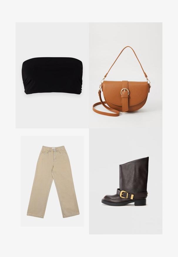 Svart bandeau topp laget av glatt stoff, med en enkel design uten stropper, rynkedetalj på den ene siden, og en sømløs finish.; Beige vide bukser laget av denim, med høy liv, frontlommer og kontraststing. Designet inkluderer knappelukking.; Mørkebrun skinnstøvlett til midten av leggen med svart såle, lav hæl og dekorativ gullspenne rundt ankelen, vist fra siden.; Brun lærcrossbody-veske med en buet form, gullhardware og et spenneakcent. Har en avtakbar skulderreim.