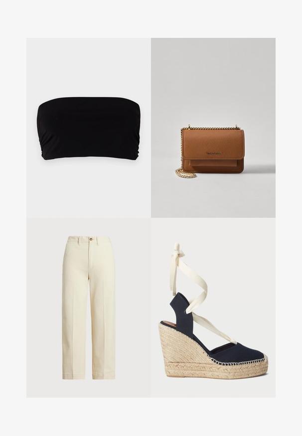 Czarny top bandeau wykonany z gładkiego materiału, o prostym kroju bez ramiączek, z marszczeniem po jednej stronie i bezszwowym wykończeniem.; Beżowe spodnie wykonane z bawełny, w prostym kroju, z zapięciem na jeden guzik i widocznymi przednimi zagnieceniami. Czysty dół i brak wzorów.; Granatowe sandały na koturnie z płóciennym wierzchem, z plecioną podeszwą z juty i kremowymi wstążkami wiązanymi wokół kostki. Zapięty tył i okrągły czubek.; Brązowa skórzana torba na ramię z teksturą, z złotym łańcuszkiem i zapięciem na klapkę. Z przodu znajduje się detal z logo oraz kieszeń pod klapką.