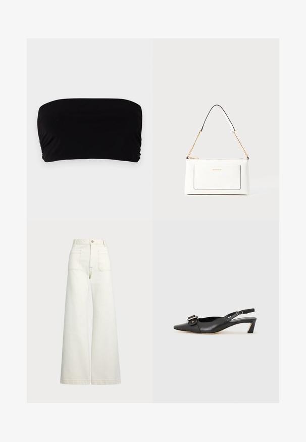 Zwarte bandeau-top van soepel materiaal, met een eenvoudig ontwerp zonder bandjes, gerimpeld detail aan één kant en een naadloze afwerking.; Wijd-zit jeans van off-white denim. Hooggaande taille met een knoopsluiting, twee voorzakken en contrasterende stikdetails.; Zwarte leren slingback schoen met scherpe neus, kleine hak en decoratieve gespdetails op de bovenkant. Stijlvolle textuur, minimalistisch ontwerp.; Witte leren handtas met een textuurafwerking, voorzien van een gouden schouderhengsel en zwarte accenten. Inclusief een voorvak en ritssluiting.