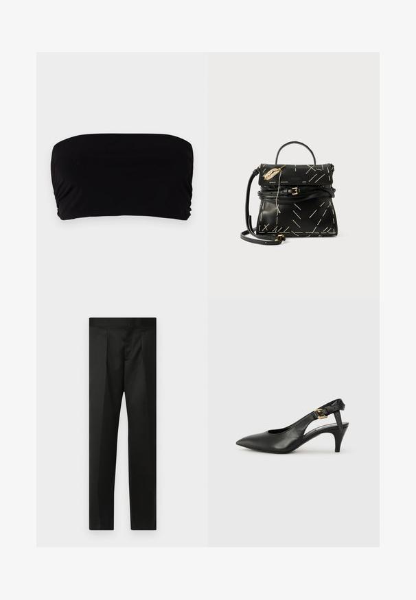 Top bandeau negru realizat dintr-un material neted, având un design simplu fără bretele, detaliu plisat pe o parte și o finisare fără cusături.; Pantaloni negri cu un material neted, design croit, picioare drepte și un talie plată fără închideri sau buzunare vizibile.; Pantofii slingback din piele neagră, cu vârf ascuțit, toc mic și detaliu cu cataramă pe brățara gleznei. Textură netedă, design minimalist.; Geantă de mână din piele neagră, cu cusături albe geometrice, un mâner de sus și o curea de umăr detașabilă. Prezintă accente aurii și închidere cu fermoar.