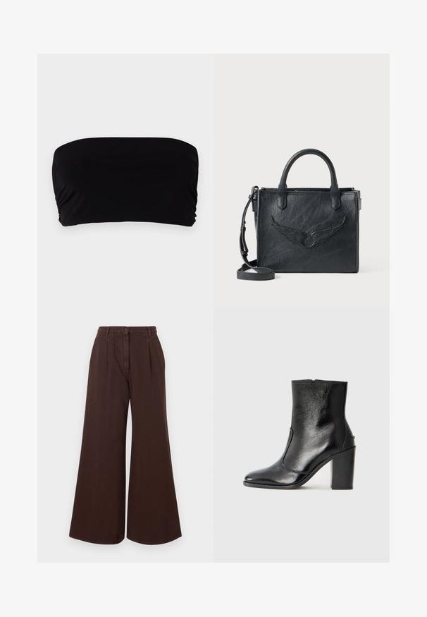 Top bandeau noir en tissu lisse, avec un design simple sans bretelles, un détail froncé sur un côté et une finition sans couture.; Pantalons marron à taille haute et jambes larges avec fermeture à bouton et zipper, passants de ceinture et plis sur le devant.; Bottine en cuir noir, avec une texture lisse, un bout pointu et un talon chunky haut. Présente une ouverture sur le côté et un design minimaliste.; Sac à main en cuir noir avec un accent en forme d'aile. Il dispose de deux poignées arrondies et d'une bandoulière amovible. Surface texturée. Forme compacte.