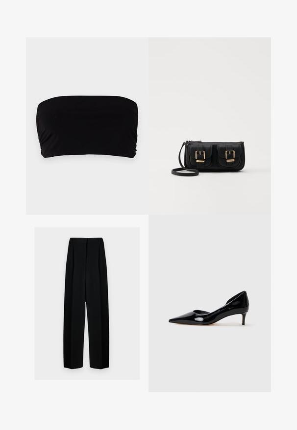 Top bandeau noir en tissu lisse, avec un design simple sans bretelles, un détail froncé sur un côté et une finition sans couture.; Pantalons noirs à jambes larges avec une taille haute, présentant des plis et une texture lisse. Le tissu semble léger et tombe élégamment.; Escarpin pour femme en cuir verni noir, à bout pointu et talon kitten bas, présenté de profil sur fond gris clair uni.; Sac en cuir noir porté en travers avec deux poches avant, boucles dorées, fermeture zippée et une sangle fine. Surface texturée et forme rectangulaire compacte.