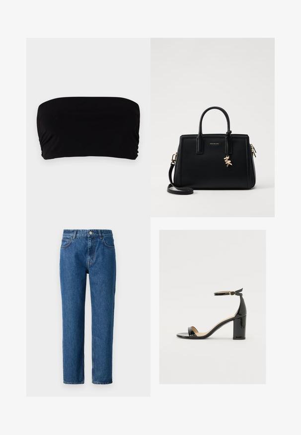 Top bandeau nero realizzato in tessuto liscio, con un design semplice senza spalline, dettaglio arricciato su un lato e finitura senza cuciture.; Jeans in denim blu con taglio dritto, dotati di chiusura a bottone, passanti per cintura e tasche frontali. Realizzati in tessuto di cotone texturizzato.; Sandalo in vernice nera con tacco largo, punta aperta e cinturino alla caviglia con fibbia dorata. Texture liscia e design elegante.; Borsa a tracolla in pelle nera con design strutturato, manici superiori doppi, tracolla rimovibile, accessori in oro e charm con logo.