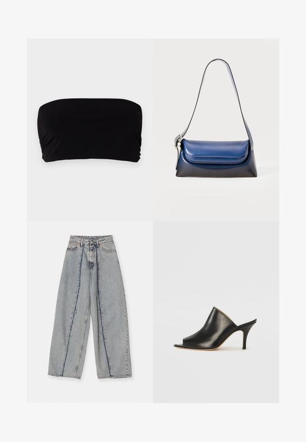 Fekete bandeau felső sima anyagból, egyszerű dizájnnal, pántok nélkül, az egyik oldalon redős részlettel és varrás nélküli befejezéssel.; Világoskék, bő szárú farmernadrág frayed élekkel, magas derekú, kontrasztos varrással. Denim anyagból készült, laza fazonnal és minimális kopással.; Fekete bőr, nyitott orrú mules cipő, elegáns, ívelt kialakítással, magas stiletto sarokkal és sima textúrával. A belső tér világos színű, kontrasztos.; Sötétkék bőr kézitáska sima felülettel, lekerekített formával, hajtott tetejével és egyetlen vállpánttal. Ezüst színű kiegészítőkkel.