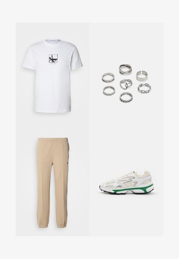 Camiseta blanca de algodón con un gráfico cuadrado en negro y el texto "Calvin Klein Jeans" debajo. Manga corta y cuello redondo.; Lacoste Pantalones deportivos - viennese; Zapatilla blanca con acento verde y suela de goma negra. Presenta paneles de malla y sintéticos, con un acabado texturizado y costuras visibles.; Conjunto de siete anillos de plata con diversos diseños, incluidos patrones retorcidos, enlazados y grabados. Diferentes formas y anchos.
