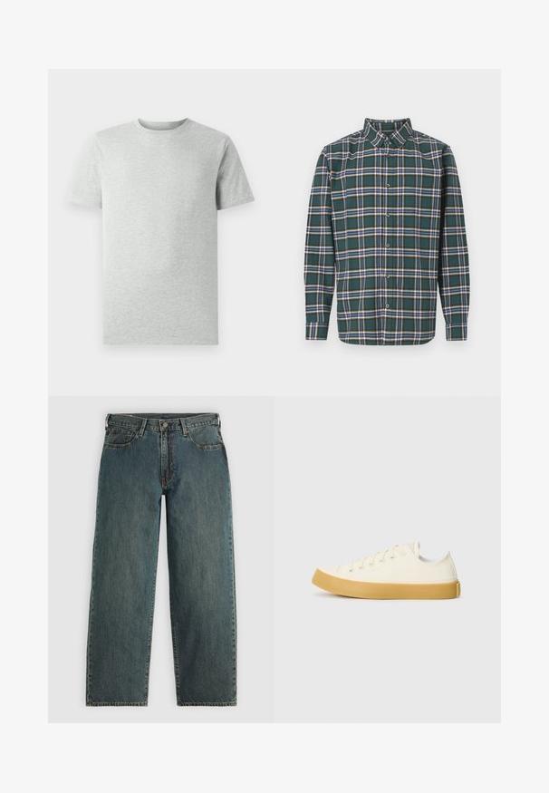 Jednoduché světle šedé tričko s krátkým rukávem a kulatým výstřihem, vystavené na bílém pozadí, pohled zepředu bez viditelných log nebo designů.; Zelená flanelová košile s kostkovaným vzorem, která obsahuje modré, bílé a hořčičně žluté pruhy. Zapínání na knoflíky a špičatý límec. Dlouhé rukávy.; Tmavě modré džíny rovného střihu s knoflíkem a zipem, předními kapsami a poutky na opasek na světlém šedém pozadí.; Plátěné tenisky v krémové barvě s kulatou špičkou, s béžovými gumovými podešvami a pěti očky na tkaničky, texturovaný povrch horní části.