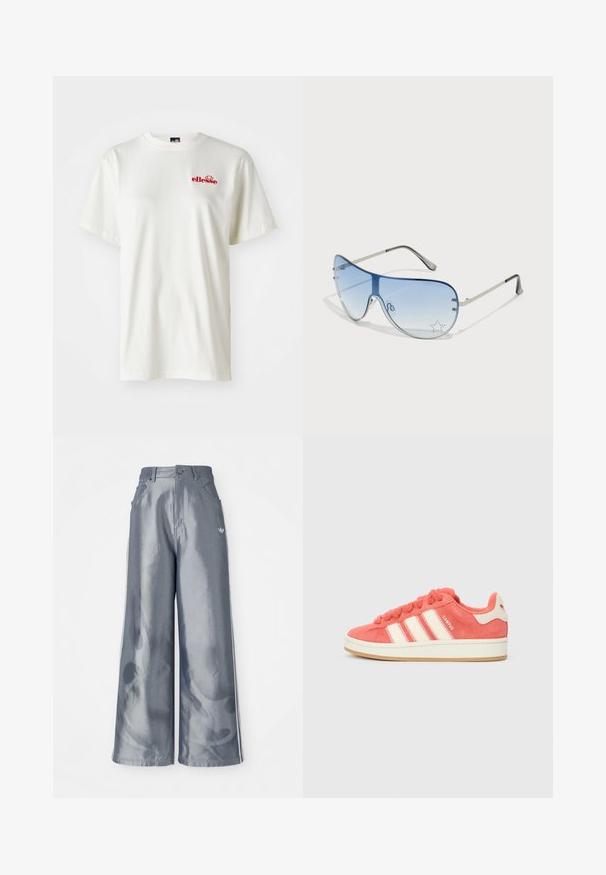 Witte katoenen t-shirt met een ronde hals en korte mouwen; klein rood "ellesse" logo op de linkerkant van de borst; gladde textuur.; Zijde-brede broek van glanzend grijs materiaal, met witte zijstreep en een vlampatroon op de onderbenen. Knopen- en ritssluiting in de taille.; Roze suède sneakers met crèmekleurige strepen, ronde veters en een gestructureerde tong. Voorzien van een gumrubberen zool en een logo op de hiel.; Aviator zonnebril met een gradient blauwe lens, zilveren metalen frame en decoratieve sterrenaccenten op de lens. Glad en strak ontwerp.