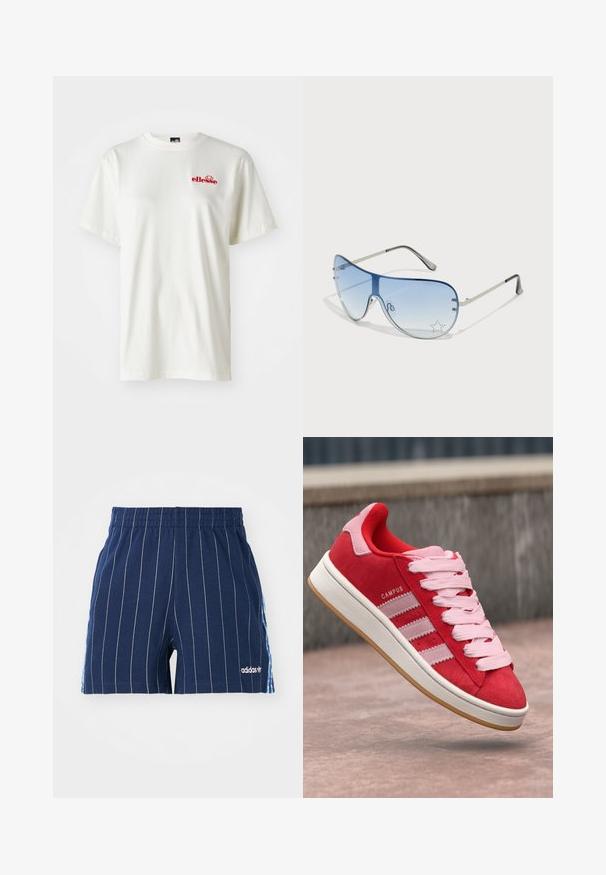 White cotton t-shirt featuring a round neck and short sleeves; small red "ellesse" logo on the left chest area; smooth texture.; Navy blue shorts with white pinstripes, elastic waistband, and Adidas logo. Features blue accents on the sides, made of cotton blend material.; Red suede sneaker with pink accents, featuring three white stripes and light pink laces. White midsole and gum rubber outsole.; Aviator sunglasses featuring a gradient blue lens, silver metal frame, and decorative star accents on the lens. Smooth and sleek design.