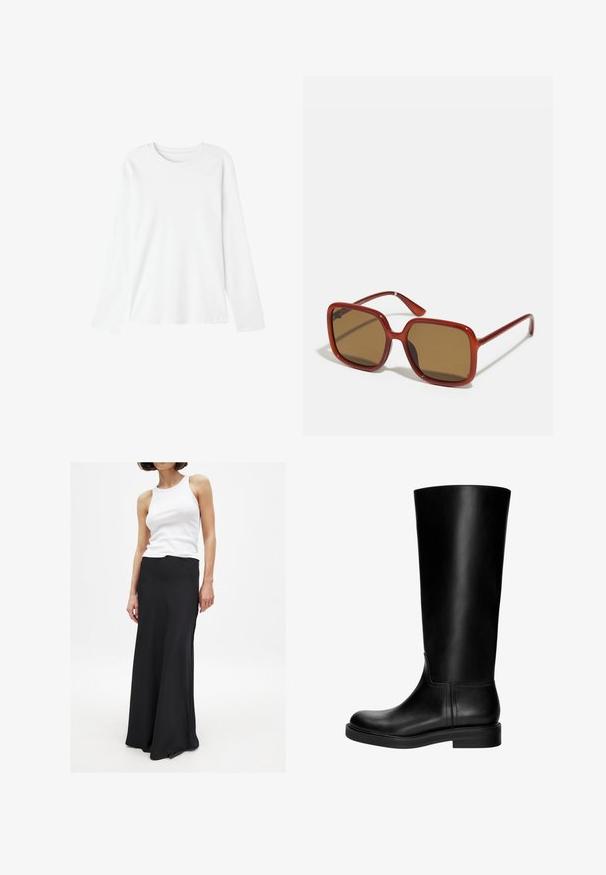Langarm-T-Shirt aus weißer Baumwolle. Rundhalsausschnitt, glatte Textur und keine sichtbaren Muster oder Grafiken. Lässiger Schnitt mit gerader Form.; Schwarzer, knöchellanger Rock aus glattem Stoff, mit tailliertem Schnitt und leicht ausgestelltem Saum. Getragen mit einem weißen Tanktop.; Schwarze Leder-Kniefallstiefel mit glatter Textur, abgerundetem Zeh, schlichter Gestaltung und niedrigem Blockabsatz. Keine sichtbare Hardware oder Muster.; Rote quadratische Sonnenbrillen mit braun getönten Gläsern. Dicke, glänzende Rahmen und schlanke Bügel mit kleinen Details an der Seite für visuelles Interesse.