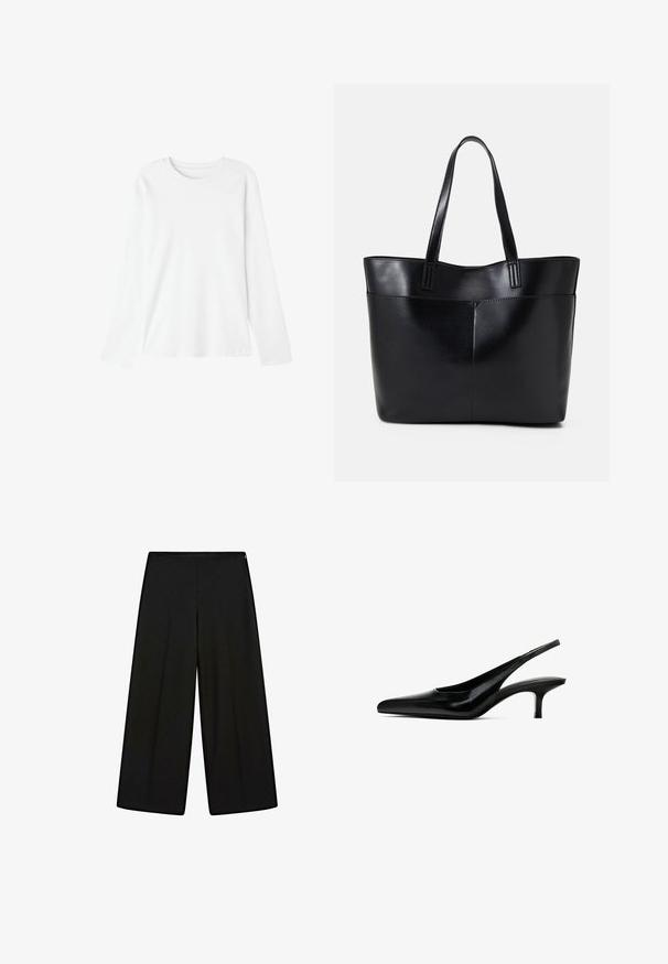 Långärmad T-shirt i vit bomull. Rundad halsdesign, mjuk textur och inga synliga mönster eller grafiker. Avslappnad passform med rak skärning.; Svarta vida byxor i mjukt tyg, med hög midja och veck, som har en slät yta utan synliga dekorationer.; Svart spetsig slingback-sko med en glansig läderfinish och en tunn, låg klack. Har en utskärning på sidan för andningsförmåga.; Svart läder tote-väska med två långa handtag, en slät yta och en strukturerad form. Har en framficka för extra förvaring.