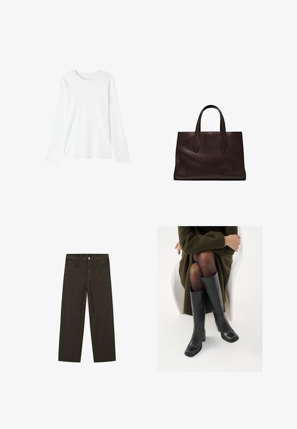 Langarm-T-Shirt aus weißer Baumwolle. Rundhalsausschnitt, glatte Textur und keine sichtbaren Muster oder Grafiken. Lässiger Schnitt mit gerader Form.; Dunkelgrüne Jeans im weit geschnittenen Style, hergestellt aus einem Baumwollgemisch. Sie verfügen über einen Frontknopfverschluss, fünf Taschen und klassische Denim-Nähte.; Knöchelhöhe schwarze Lederstiefel mit quadrater Spitze und Blockabsatz, gezeigt mit einem Modell, das einen olivgrünen Mantel trägt. Glatte Textur, minimale Details.; Braune Ledertasche mit zwei langen Griffen, strukturierte rechteckige Form, glatte Textur und dezente Nähdetails.