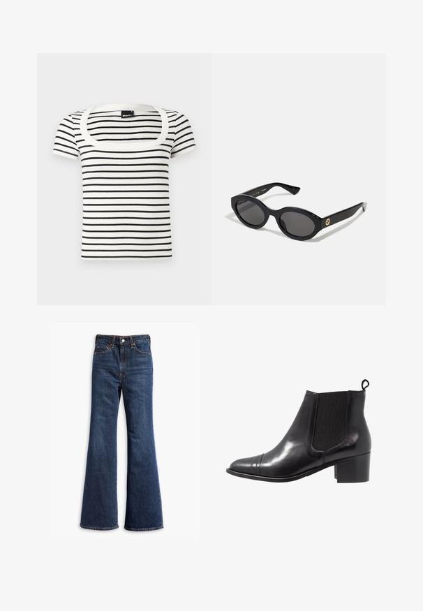 Must-valged ja valgete triipude ning lühikeste varrukatega T-särk, millel on lai, ümar kaelus ja sile, soonikkoes tekstuur. Kangas näeb välja pehme ja hästi istuv.; Kõrgelt talje sinised teksapüksid, flöödid säärtedega, ees nupuga ja tõmbluku sulgemine ning viie-tasku disain.; Mustmustest musta nahast king, millel on elastsed külg-paneelid, ümara varbaosa ja tekstureeritud plokk-kand. Tagaküljel on mugavaks selga panemiseks aas.; Mustad mustad prillid tumedate läätsedega ja läikiva plastraamiga. Omab kuldset logo põlveosal, pakkudes stiilset ja kaasaegset disaini.