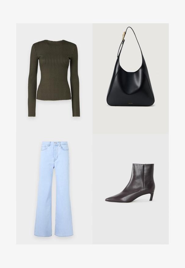 Olīvu zaļa ribota blūze ar garām piedurknēm un apaļu kakla izgriezumu, kas raksturota ar pieguļošu dizainu un maigu viļņotu tekstūru gar malām.; Gaiši zili plati džinsi ar augstu vidukli, pieciem kabatām, pogas aizdari un gludu denima tekstūru. Malas ir rūpīgi sašūtas.; Melna ādas potītes zābaks ar norādītu purngalu un zemu kaķēnu papēdi, gluda apdare, sānu rāvējslēdzis, rādīts neitrālā fona.; Melnas ādas plecu soma ar gludu tekstūru, izliekta silueta un zelta aparatūru. Aprīkota ar debumpētu zīmola logotipu apakšā.