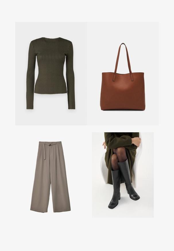 Oliivinvihreä ribbitekstuurilla varustettu pitkähihainen toppi, jossa on pyöreä pääntie. Malli on istuva ja siinä on hienovarainen aaltoileva kuvio reunoilla.; Suurille lahkeille housuille pehmeässä, hillityssä harmaassa kankaassa, jossa on vyötäröllä vyö ja lisää muotoilun yksityiskohtia kuploissa. Sileä rakenne, ei kuvioita.; Polvisuoja mustat nahastossud, millel on ruudukujuline varvas ja plokk-kints, on esitatud mudeli seljas, kes istub oliivrohelises mantlis. Sile tekstuur, minimaalne detailitus.; Ruskea nahkainen olkalaukku, jossa on sileä pinta, avoin yläosa ja kaksi olkahihnaa. Omaavat vain minimaalisen ompelun eikä näkyvää metalliosaa.