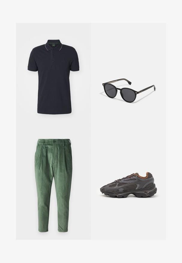 BOSS PAULE - Bluză polo - dark blue; Pantaloni din catifea verde cu o croială obișnuită, cu pliuri, talie elastică și închidere cu un singur buton. Material neted, texturat.; Adidași Lacoste de culoare gri închis, din material mesh și sintetic, cu o talpă texturată și accente maronii pe guler și branding.; BOSS Ochelari de soare - black