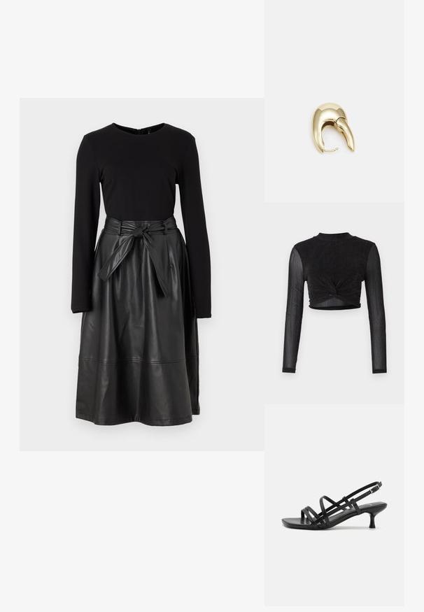 Black long-sleeve cropped top with a twisted front detail, made from a shimmery, textured fabric. High neckline and fitted design.; Black long-sleeve top paired with a black faux leather skirt, featuring a tied waistband and a smooth, shiny texture.; Black heeled sandals with multiple crisscross straps. Smooth material, pointed toe, and narrow heel. Adjustable ankle strap with buckle.; Gold-tone metal earring with a sleek, curved design. Features a distinctive pointed shape, polished surface, and hinge closure.